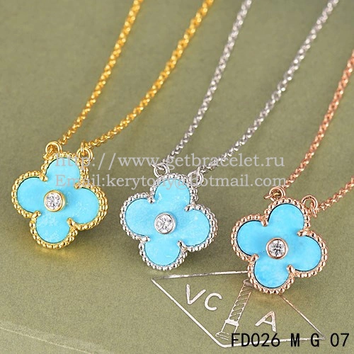 Van Cleef & Arpels Vintage Alhambra Pendant Yellow Gold With Turquoise Mother Of Pearl Round Diamonds