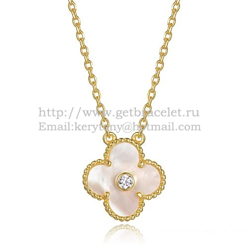 Van Cleef & Arpels Vintage Alhambra Pendant Yellow Gold With White Mother Of Pearl Round Diamonds