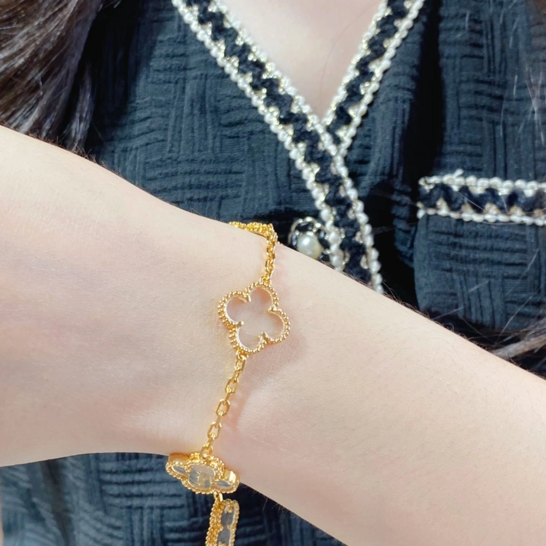 Van Cleef & Arpels Vintage Alhambra Rock Crystal Yellow Gold Rose Gold Bracelet