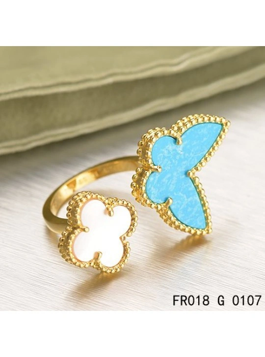 Van Cleef Arpels Luck Alhambra Between The Finger Ring Yellow Gold Turquoise With Mother Of Pearl