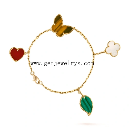 Van Cleef Arpels Lucky Alhambra Bracelet 4 Motifs Carnelian Malachite Mother-of-pearl and Tiger Eye Yellow Gold