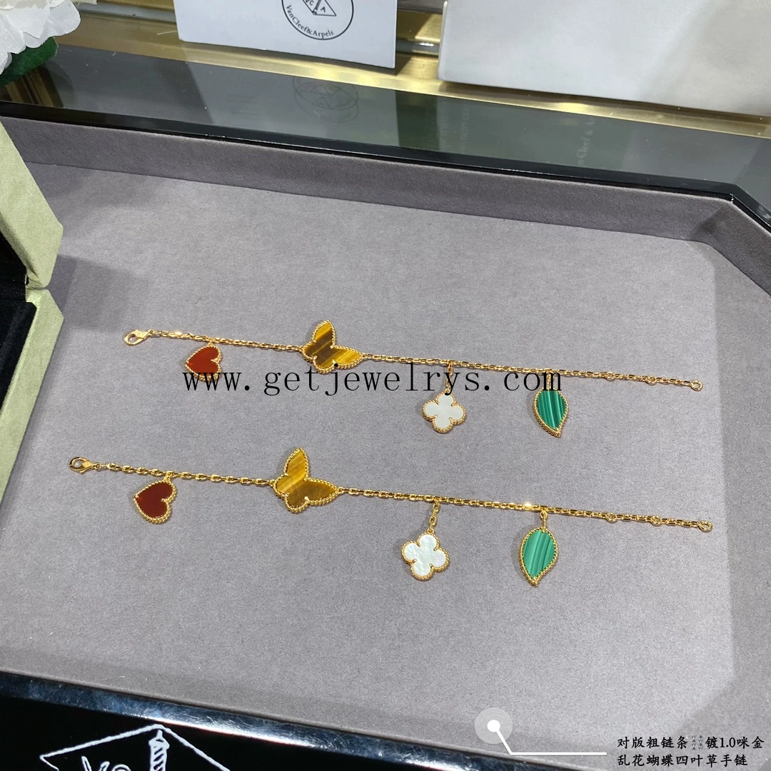 Van Cleef Arpels Lucky Alhambra Bracelet 4 Motifs Carnelian Malachite Mother-of-pearl and Tiger Eye Yellow Gold