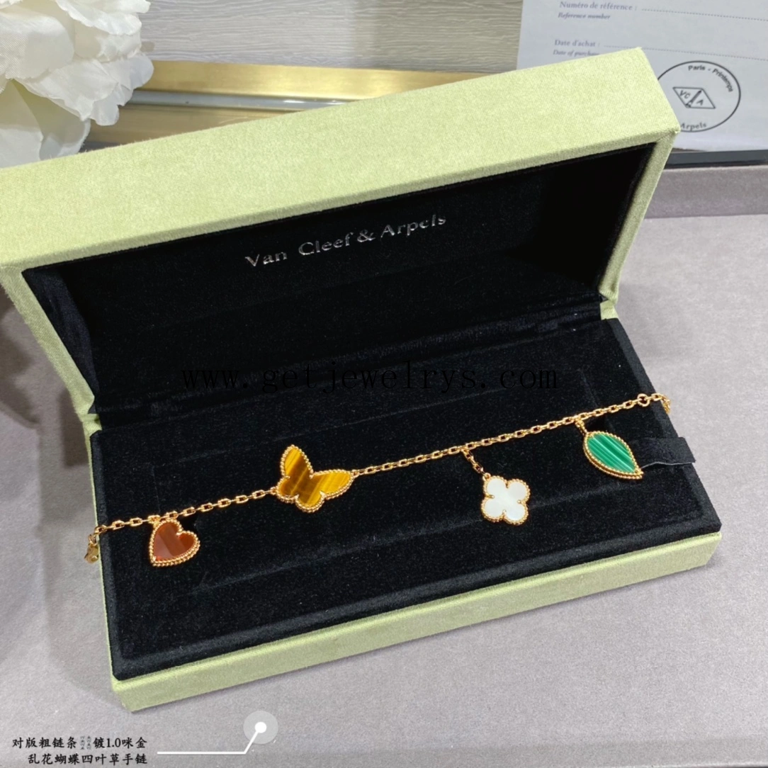 Van Cleef Arpels Lucky Alhambra Bracelet 4 Motifs Carnelian Malachite Mother-of-pearl and Tiger Eye Yellow Gold
