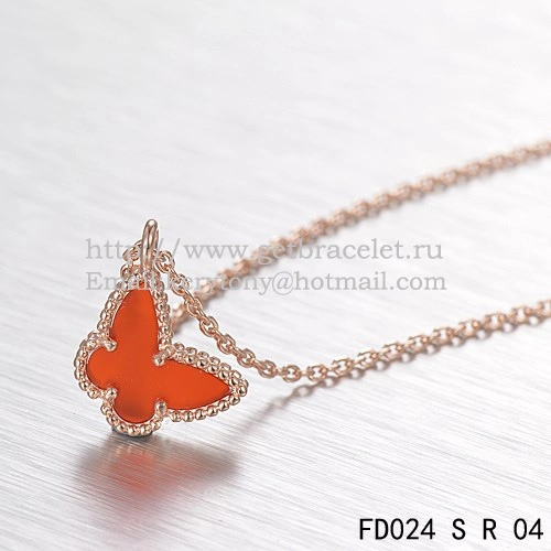 Van Cleef Arpels Lucky Alhambra Butterfly Necklace Pink Gold With Carnelian Mother Of Pearl