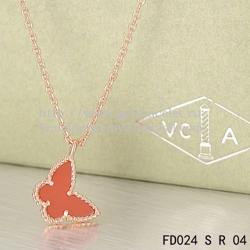 Van Cleef Arpels Lucky Alhambra Butterfly Necklace Pink Gold With Carnelian Mother Of Pearl