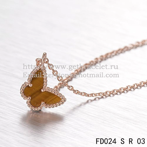 Van Cleef Arpels Lucky Alhambra Butterfly Necklace Pink Gold With Tiger’s Eye Mother Of Pearl