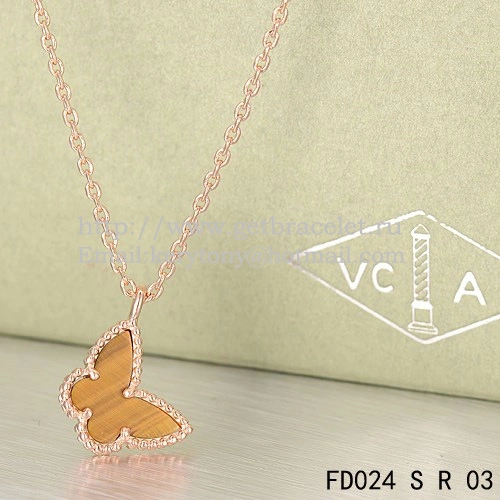 Van Cleef Arpels Lucky Alhambra Butterfly Necklace Pink Gold With Tiger’s Eye Mother Of Pearl