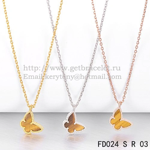 Van Cleef Arpels Lucky Alhambra Butterfly Necklace Pink Gold With Tiger’s Eye Mother Of Pearl