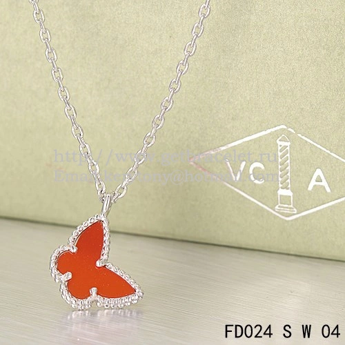 Van Cleef Arpels Lucky Alhambra Butterfly Necklace White Gold With Carnelian Mother Of Pearl