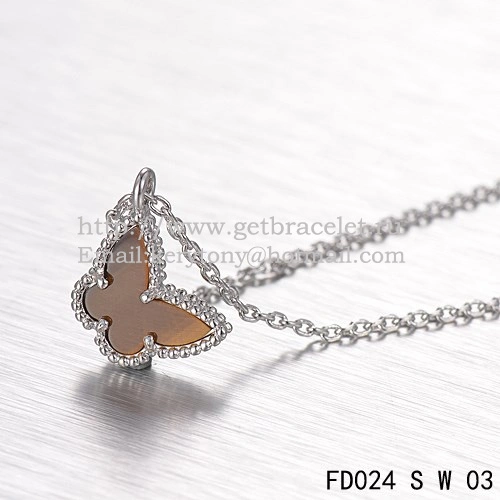 Van Cleef Arpels Lucky Alhambra Butterfly Necklace White Gold With Tiger’s Eye Mother Of Pearl
