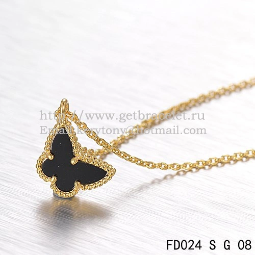 Van Cleef Arpels Lucky Alhambra Butterfly Necklace Yellow Gold With Black Onyx Mother Of Pearl