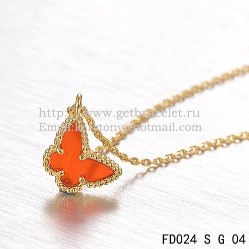 Van Cleef Arpels Lucky Alhambra Butterfly Necklace Yellow Gold With Carnelian Mother Of Pearl