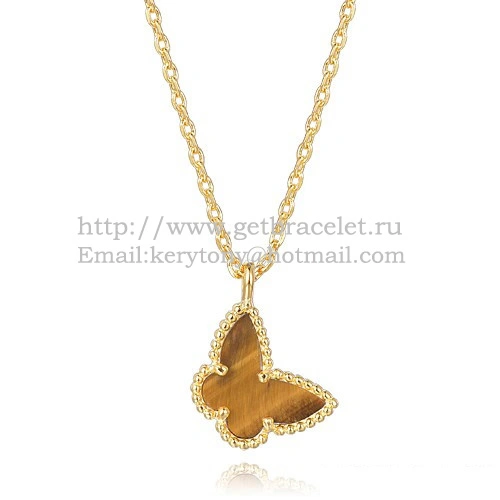 Van Cleef Arpels Lucky Alhambra Butterfly Necklace Yellow Gold With Tiger’s Eye Mother Of Pearl