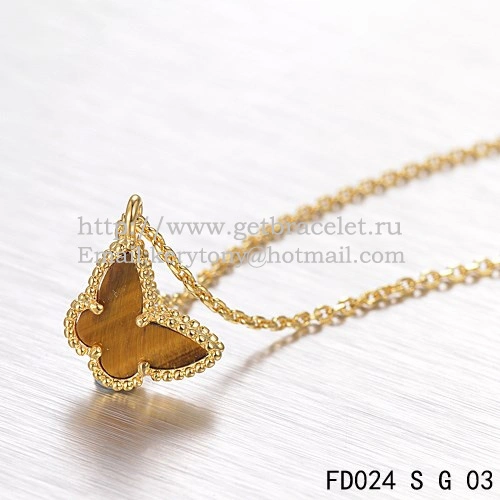 Van Cleef Arpels Lucky Alhambra Butterfly Necklace Yellow Gold With Tiger’s Eye Mother Of Pearl
