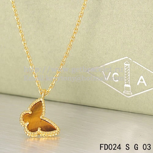 Van Cleef Arpels Lucky Alhambra Butterfly Necklace Yellow Gold With Tiger’s Eye Mother Of Pearl