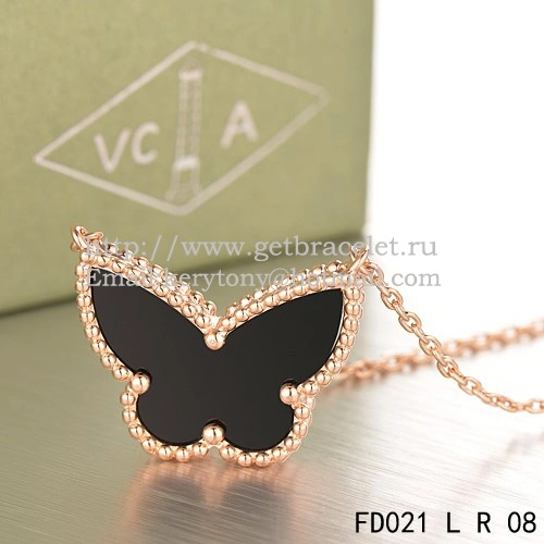 Van Cleef Arpels Lucky Alhambra Butterfly Pendant Pink Gold With Black Onyx Mother Of Pearl