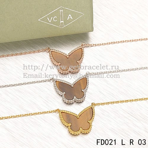 Van Cleef Arpels Lucky Alhambra Butterfly Pendant Pink Gold With Tiger’s Eye Mother Of Pearl