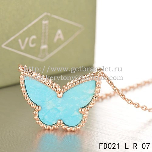 Van Cleef Arpels Lucky Alhambra Butterfly Pendant Pink Gold With Turquoise Mother Of Pearl
