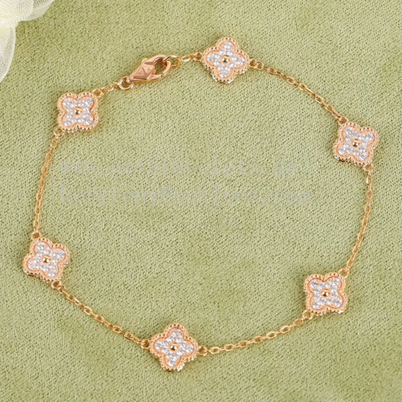Van Cleef Arpels Sweet Alhambra Bracelet 6 Motifs Rose Gold With Pave Diamonds