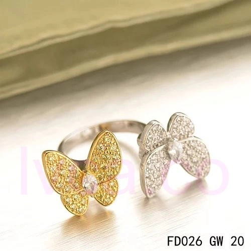 Van Cleef Arpels Two Butterfly Between The Finger Ring Yellow Gold Round Yellow Sapphires