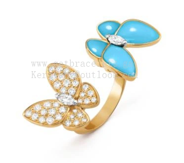 Van Cleef Arpels Two Butterfly Between the Finger Ring Yellow Gold with Diamonds and Turquoise