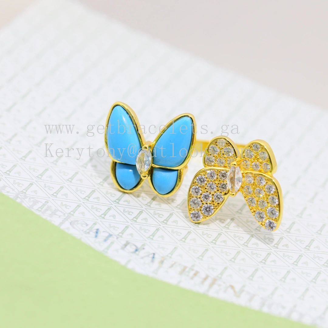 Van Cleef Arpels Two Butterfly Between the Finger Ring Yellow Gold with Diamonds and Turquoise