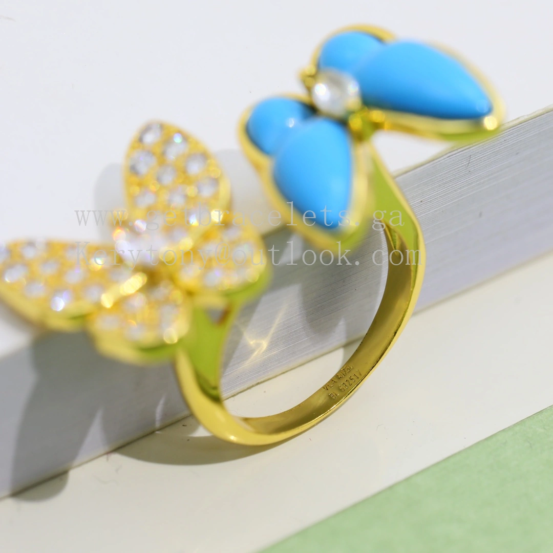 Van Cleef Arpels Two Butterfly Between the Finger Ring Yellow Gold with Diamonds and Turquoise