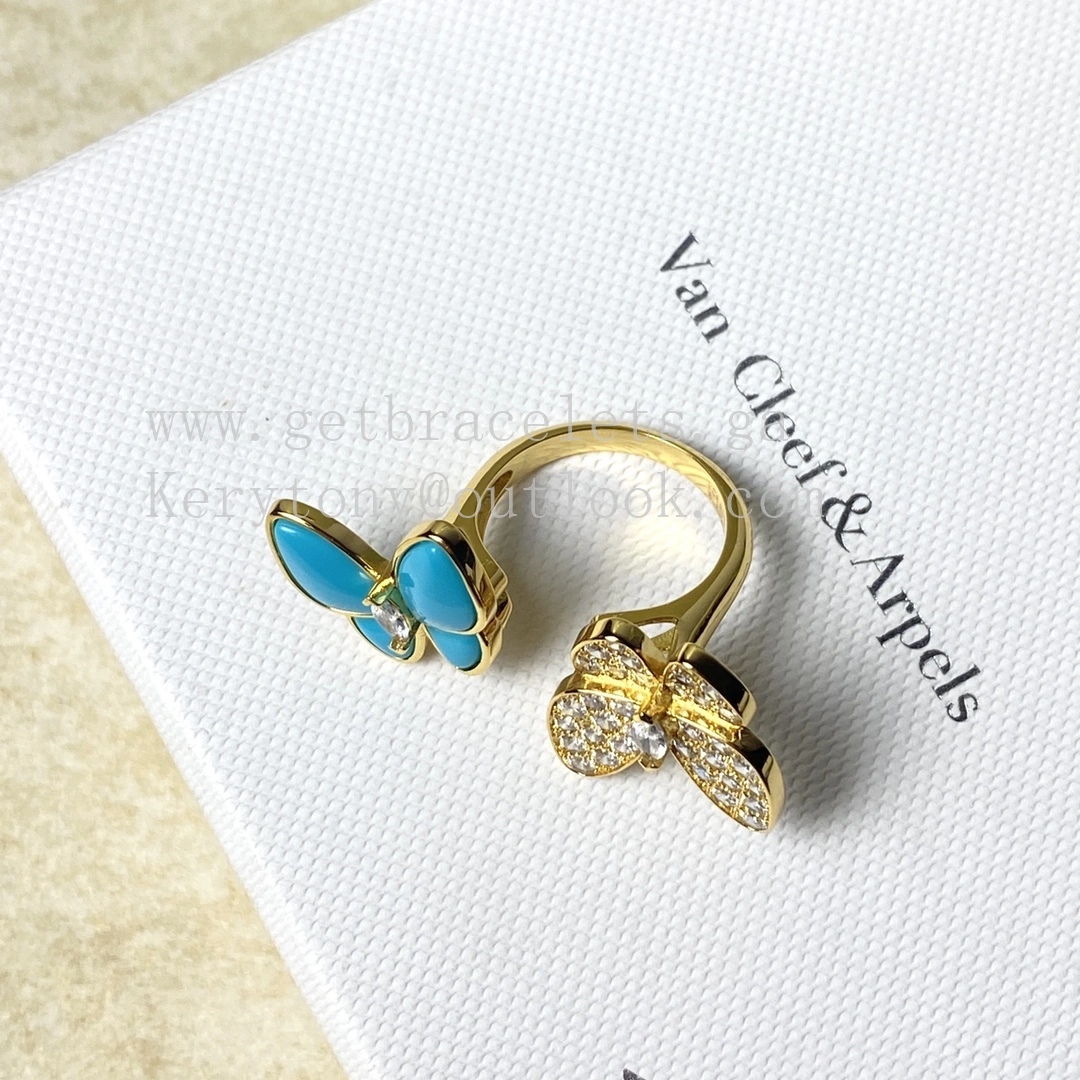 Van Cleef Arpels Two Butterfly Between the Finger Ring Yellow Gold with Diamonds and Turquoise