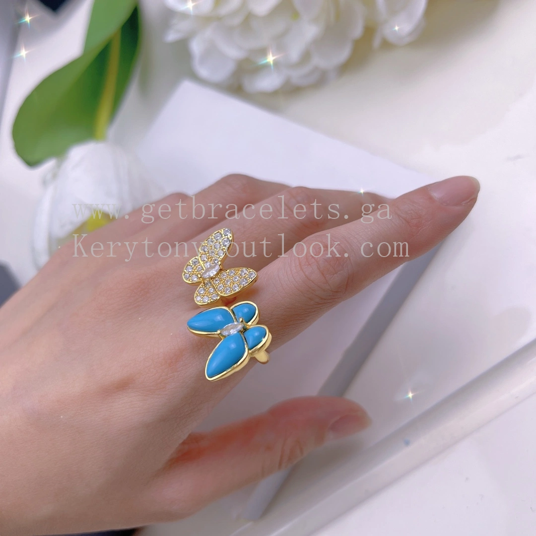 Van Cleef Arpels Two Butterfly Between the Finger Ring Yellow Gold with Diamonds and Turquoise