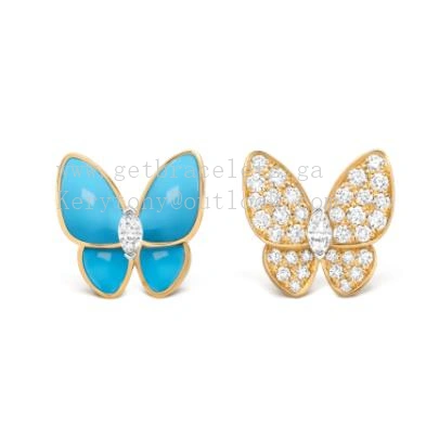 Van Cleef Arpels Two Butterfly Earrings Yellow Gold with Diamonds and Turquoise