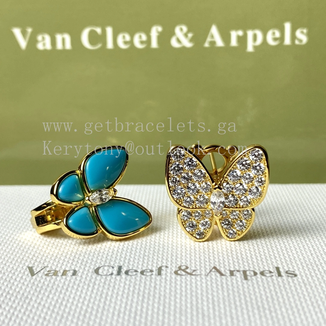 Van Cleef Arpels Two Butterfly Earrings Yellow Gold with Diamonds and Turquoise