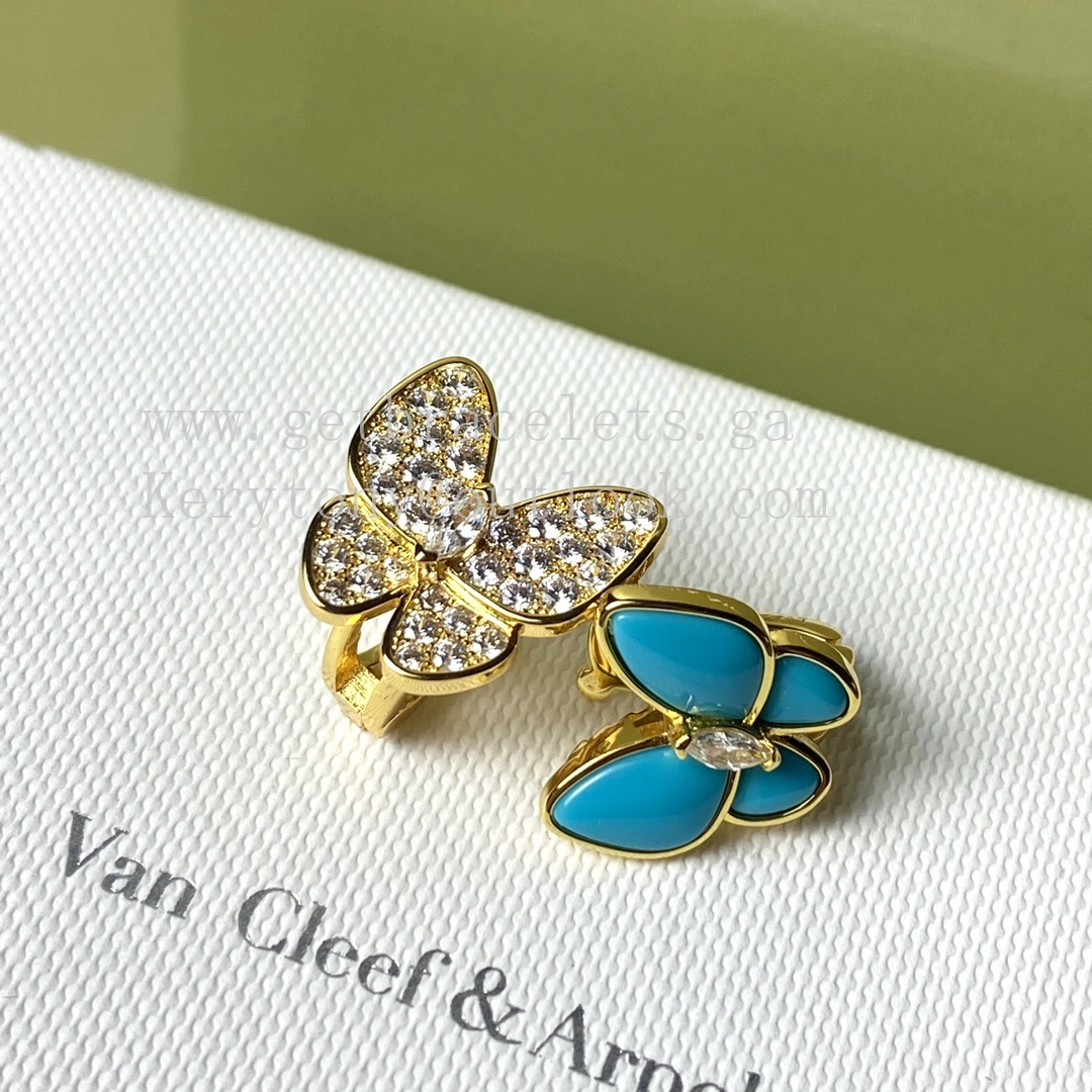Van Cleef Arpels Two Butterfly Earrings Yellow Gold with Diamonds and Turquoise