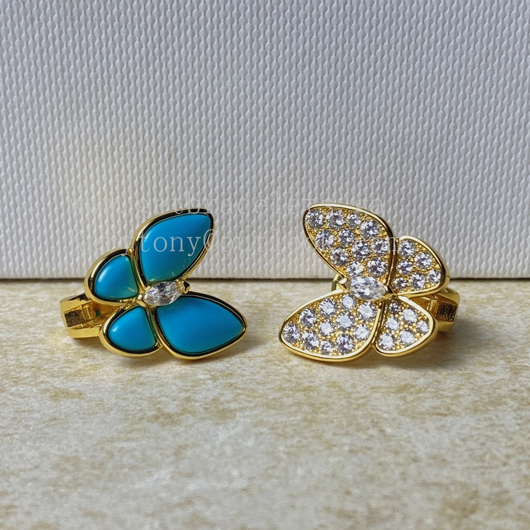 Van Cleef Arpels Two Butterfly Earrings Yellow Gold with Diamonds and Turquoise