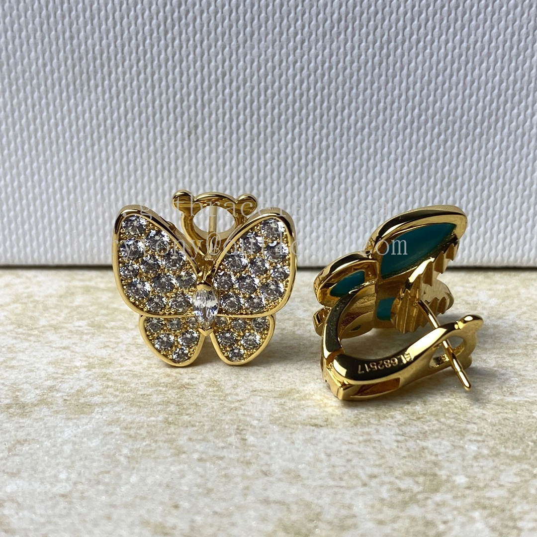 Van Cleef Arpels Two Butterfly Earrings Yellow Gold with Diamonds and Turquoise