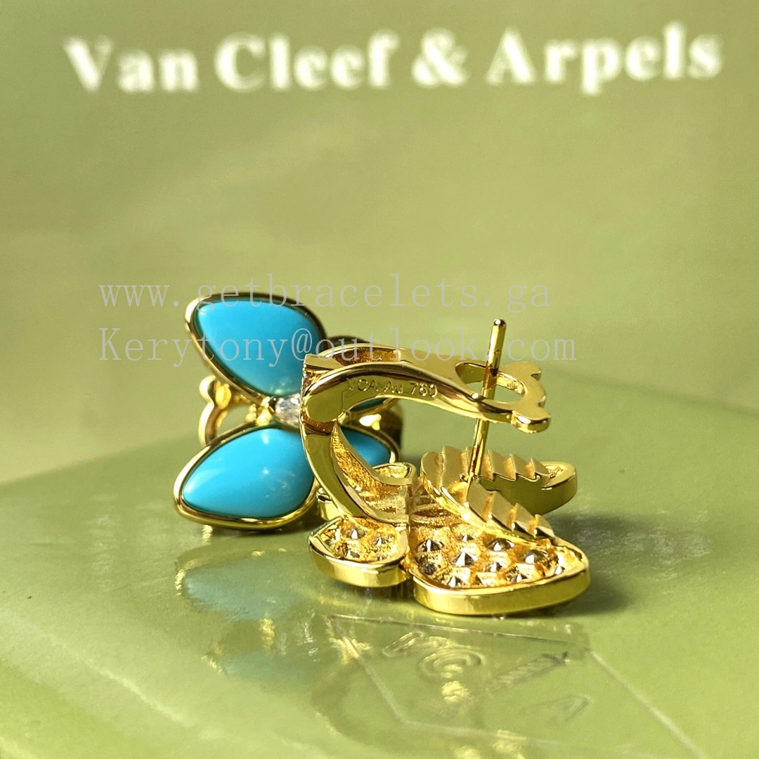 Van Cleef Arpels Two Butterfly Earrings Yellow Gold with Diamonds and Turquoise