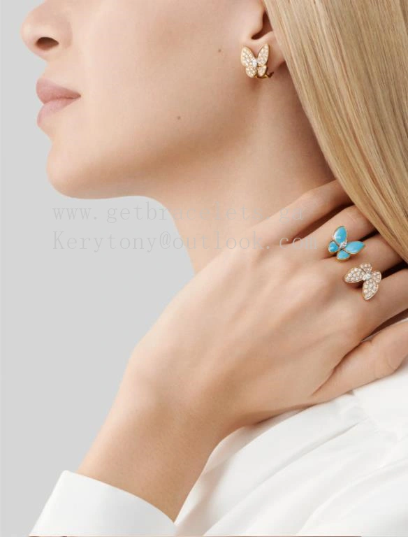 Van Cleef Arpels Two Butterfly Earrings Yellow Gold with Diamonds and Turquoise