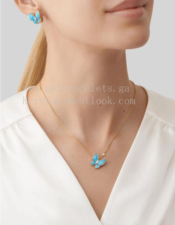 Van Cleef Arpels Two Butterfly Earrings Yellow Gold with Diamonds and Turquoise