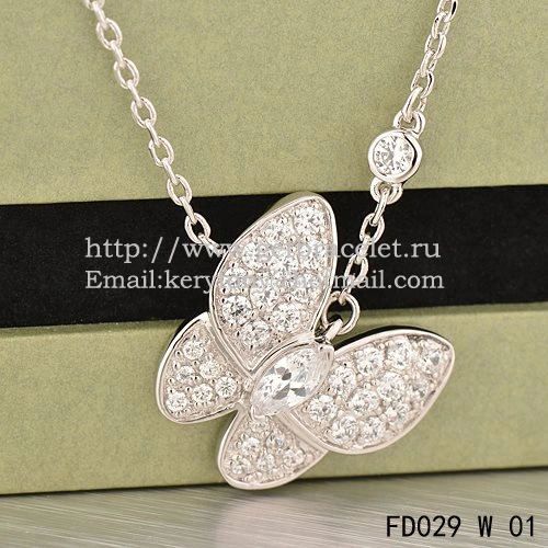 Van Cleef Arpels Two Butterfly Necklace White Gold Stone Combination With Pave Diamonds