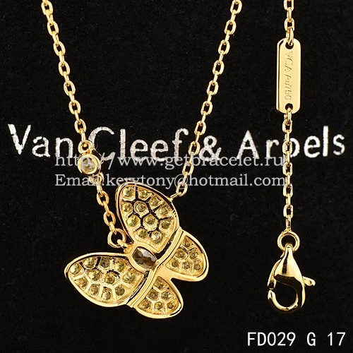 Van Cleef Arpels Two Butterfly Necklace Yellow Gold Stone Combination With Pave Diamonds