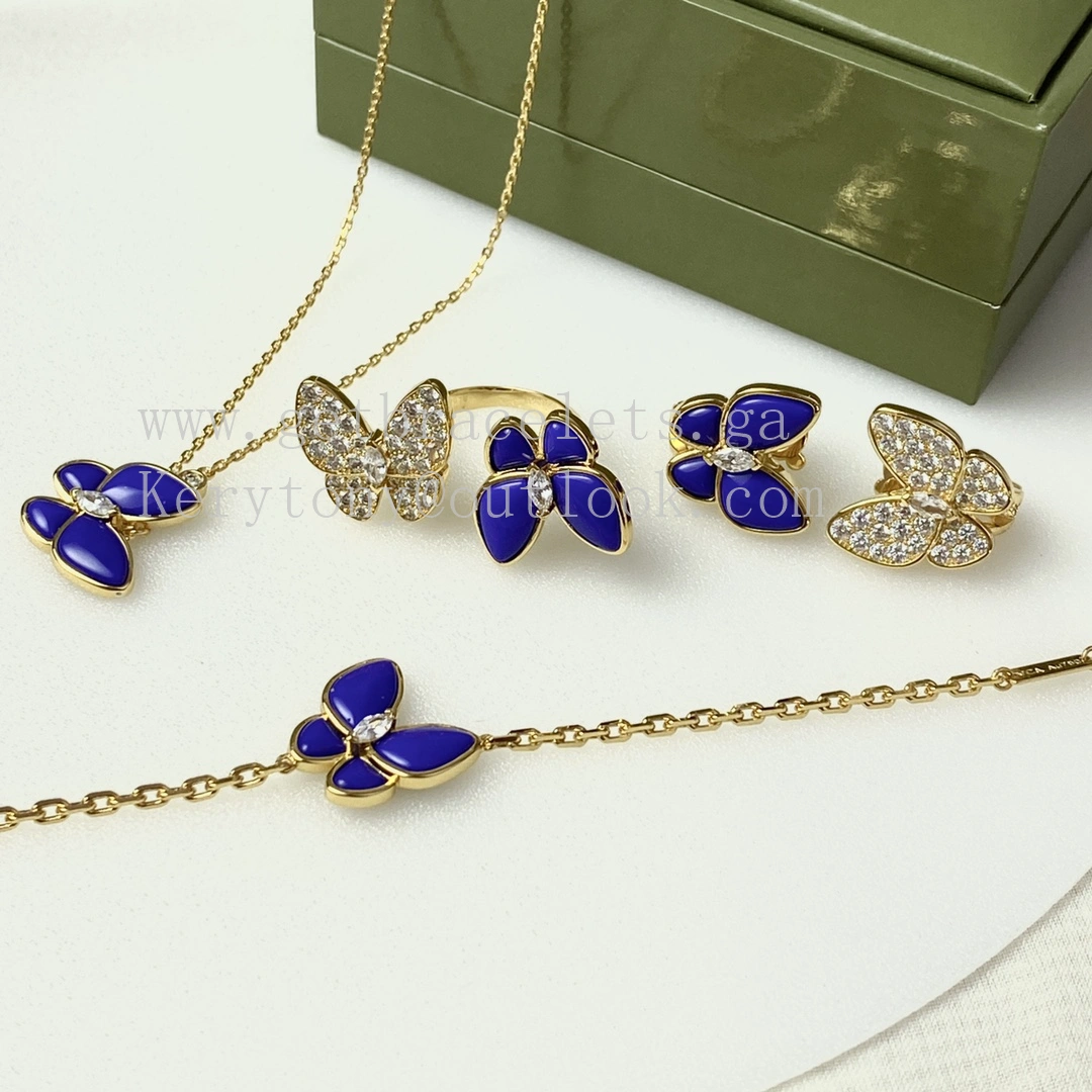 Van Cleef Arpels Two Butterfly Necklace Earrings Ring Yellow Gold with Diamonds and Lapis Lazuli