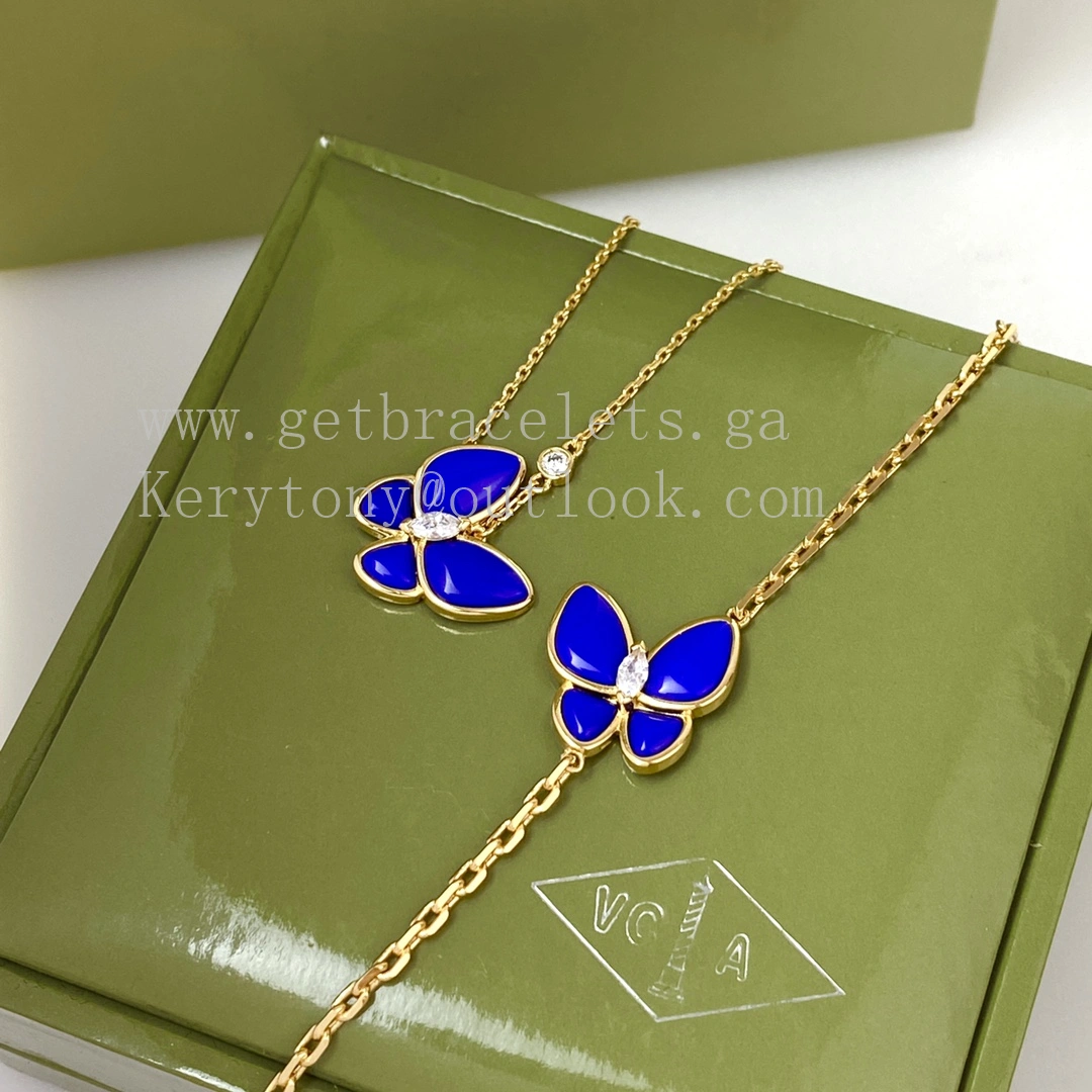 Van Cleef Arpels Two Butterfly Necklace Earrings Ring Yellow Gold with Diamonds and Lapis Lazuli
