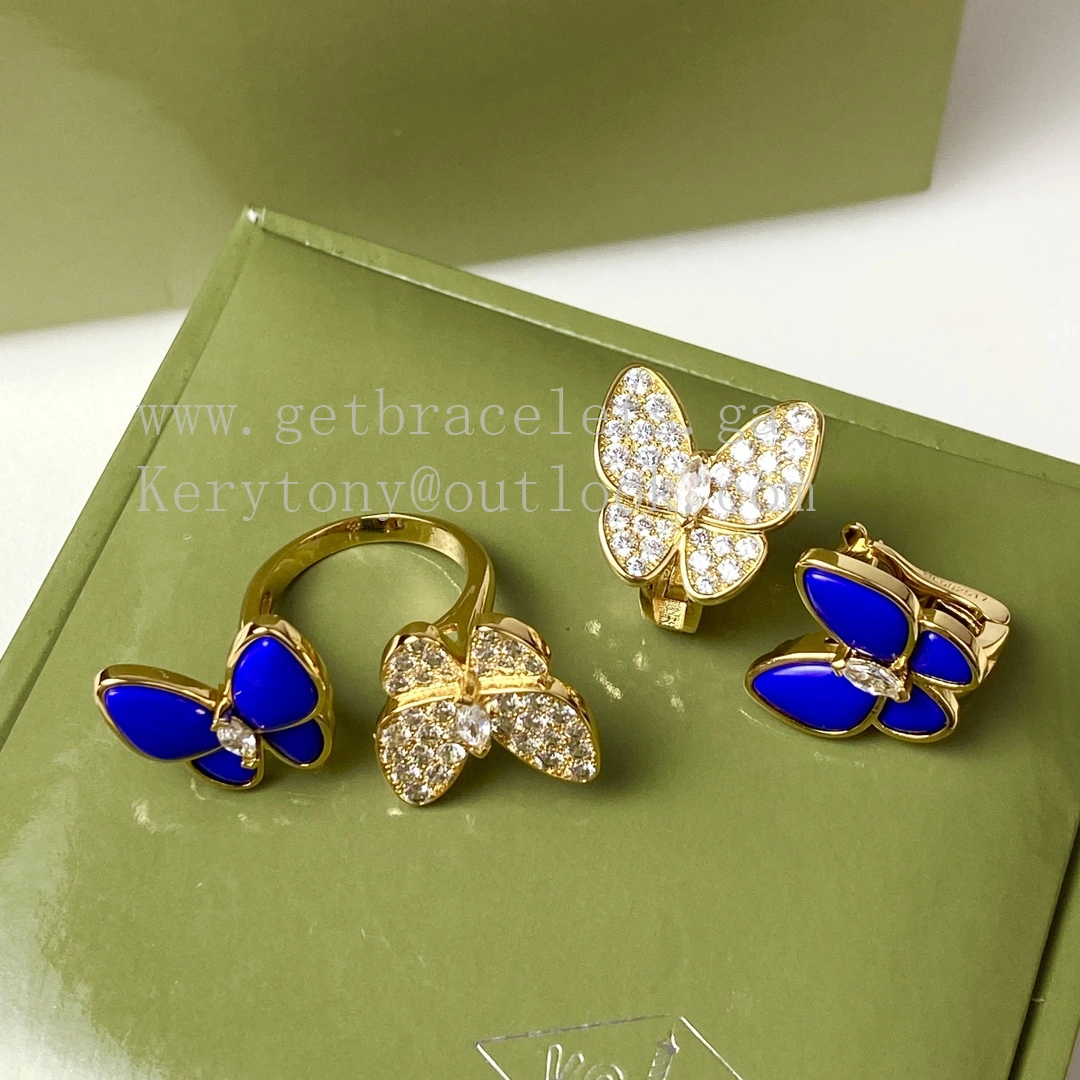 Van Cleef Arpels Two Butterfly Necklace Earrings Ring Yellow Gold with Diamonds and Lapis Lazuli