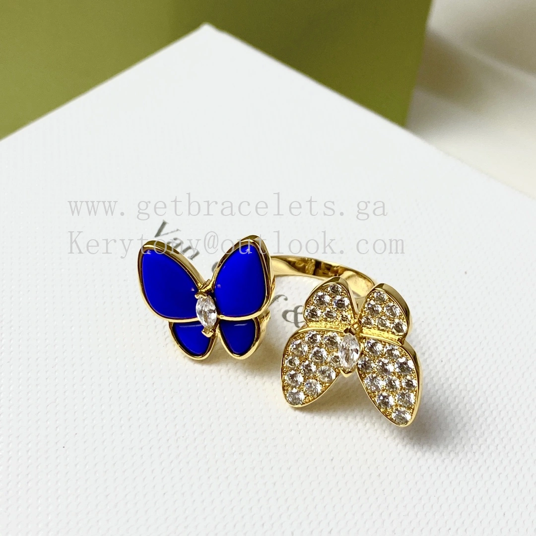 Van Cleef Arpels Two Butterfly Necklace Earrings Ring Yellow Gold with Diamonds and Lapis Lazuli