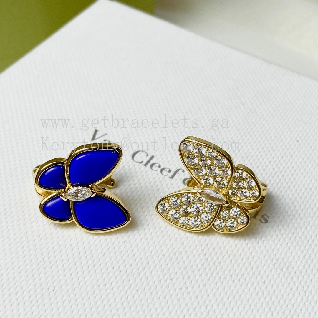 Van Cleef Arpels Two Butterfly Necklace Earrings Ring Yellow Gold with Diamonds and Lapis Lazuli