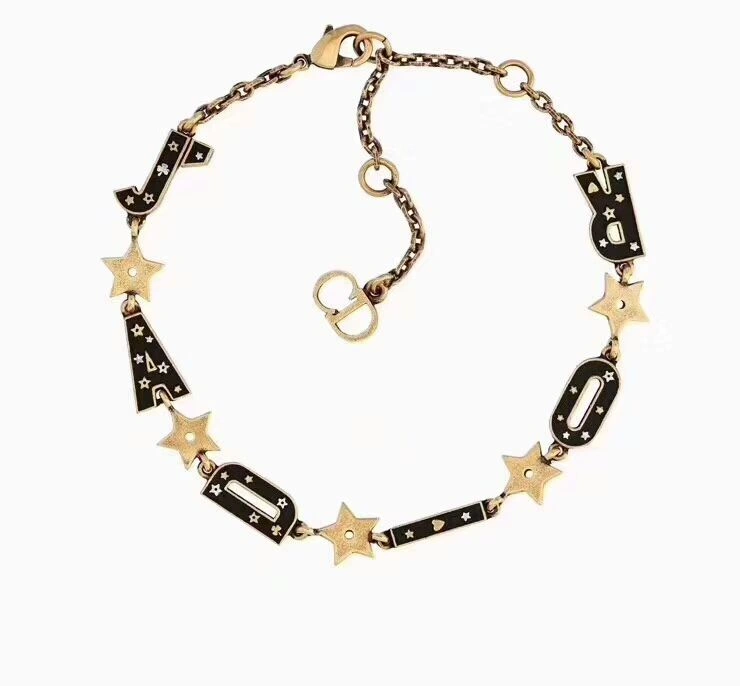 Vintage Style Christian Dior Jadior Black Logo Motif-Yellow Brass Star Womens Bracelet Price USA Replica