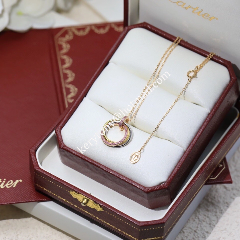 Women Fashion Jewellery Cartier Trinity Necklace White Gold Yellow Gold with Pink Diamonds Online Sale