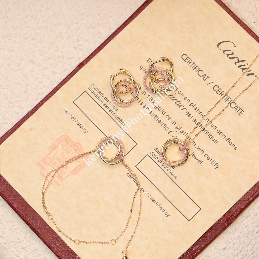 Women Fashion Jewellery Cartier Trinity Necklace White Gold Yellow Gold with Pink Diamonds Online Sale