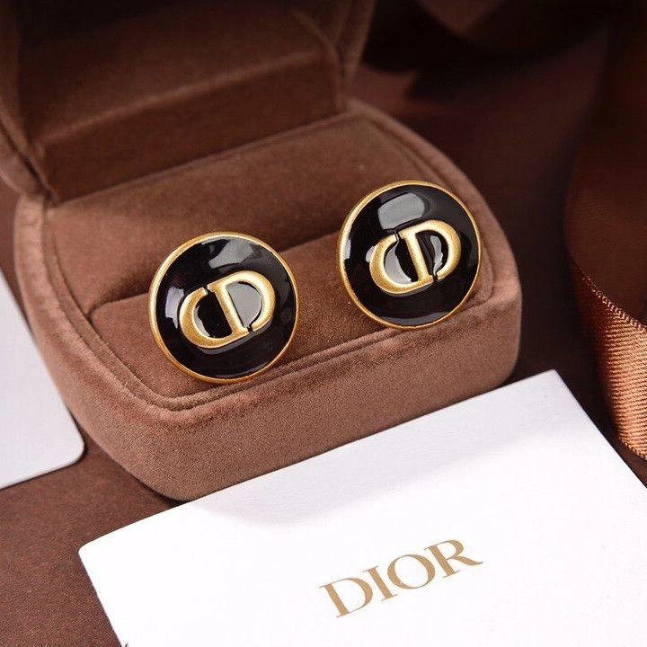 Women’s Hot Selling Dior Antique Brass CD Logo Pattern Nummular Black Enamel Stud Earrings Fashion StreetChic