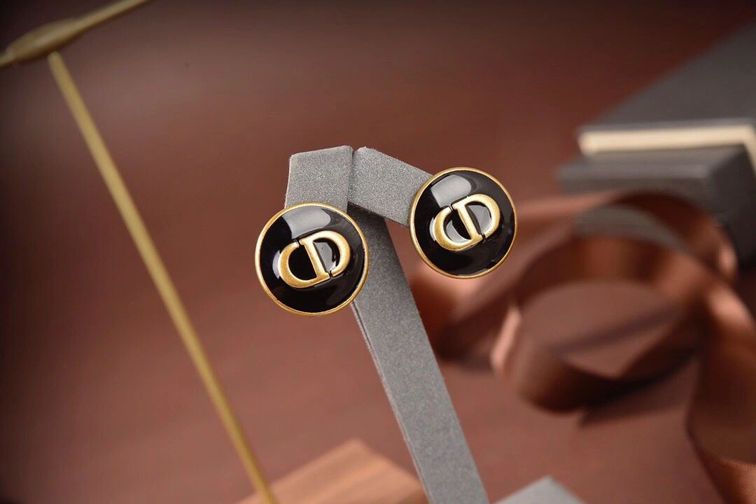 Women’s Hot Selling Dior Antique Brass CD Logo Pattern Nummular Black Enamel Stud Earrings Fashion StreetChic