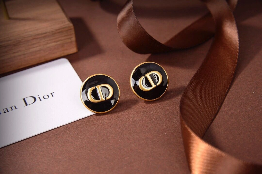Women’s Hot Selling Dior Antique Brass CD Logo Pattern Nummular Black Enamel Stud Earrings Fashion StreetChic